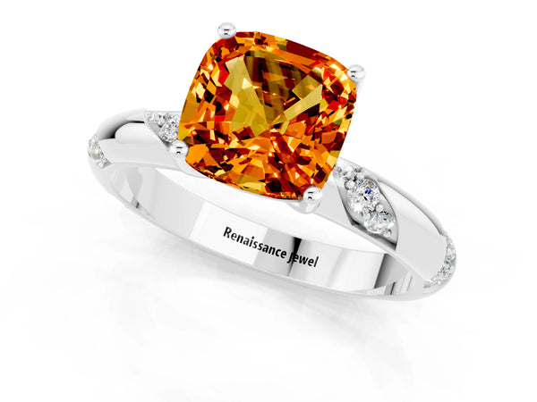 Platinum Cushion Cut Citrine Solitaire Engagement Ring with Twisted Round  Accent Band and Prong Setting
