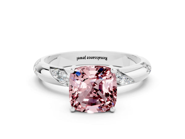 Platinum Cushion Cut Solitaire Diamond Engagement Ring with Twisted Pave Band and Four-Prong Setting