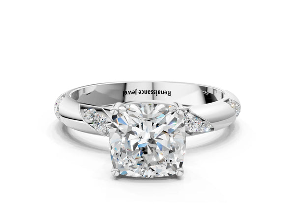 White gold Cushion Cut Solitaire Diamond Engagement Ring with Twisted Pave Band and Four-Prong Setting