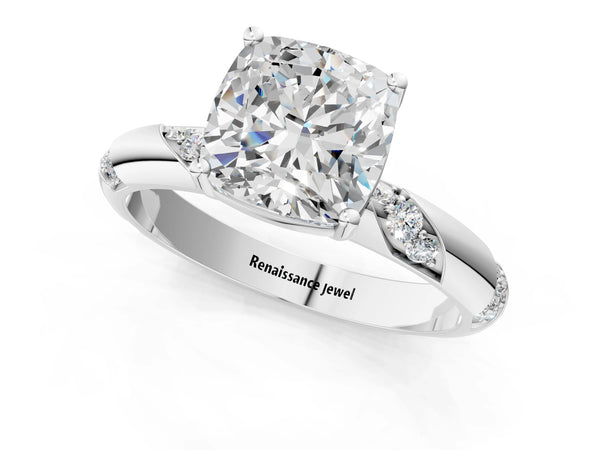 White gold Cushion Cut Solitaire Diamond Engagement Ring with Twisted Pave Band and Four-Prong Setting