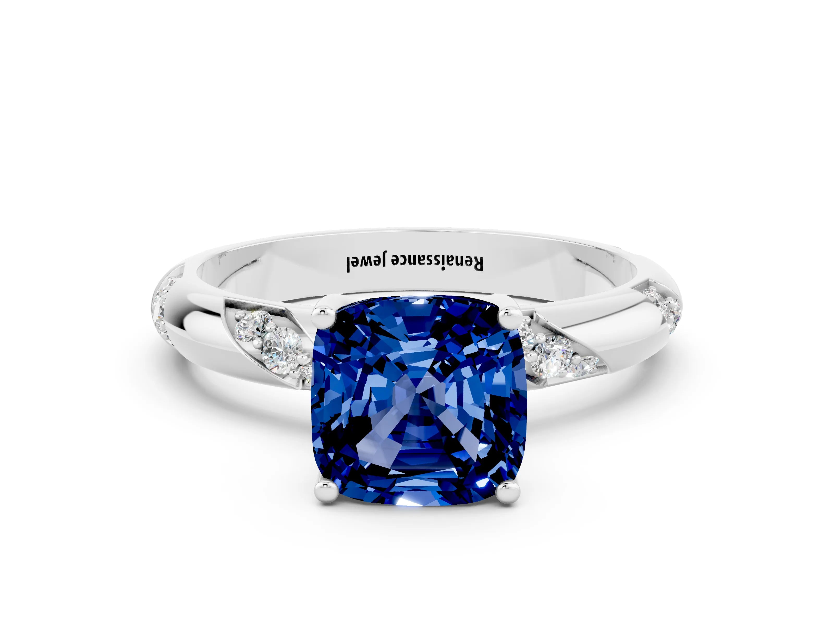 White gold Cushion Cut Solitaire Diamond Engagement Ring with Twisted Pave Band and Four-Prong Setting