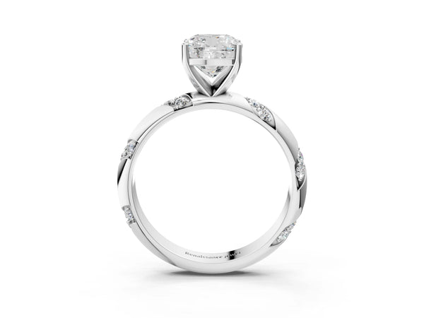 White gold Cushion Cut Solitaire Diamond Engagement Ring with Twisted Pave Band and Four-Prong Setting