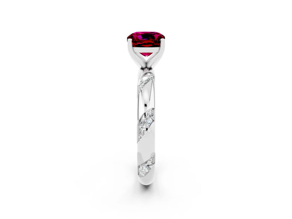 White gold Cushion Cut Garnet Solitaire Engagement Ring with Twisted Round  Accent Band and Prong Setting