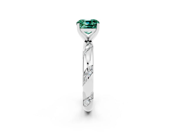 White gold Cushion Cut Green Sapphire Solitaire Engagement Ring with Twisted Round  Accent Band and Prong Setting