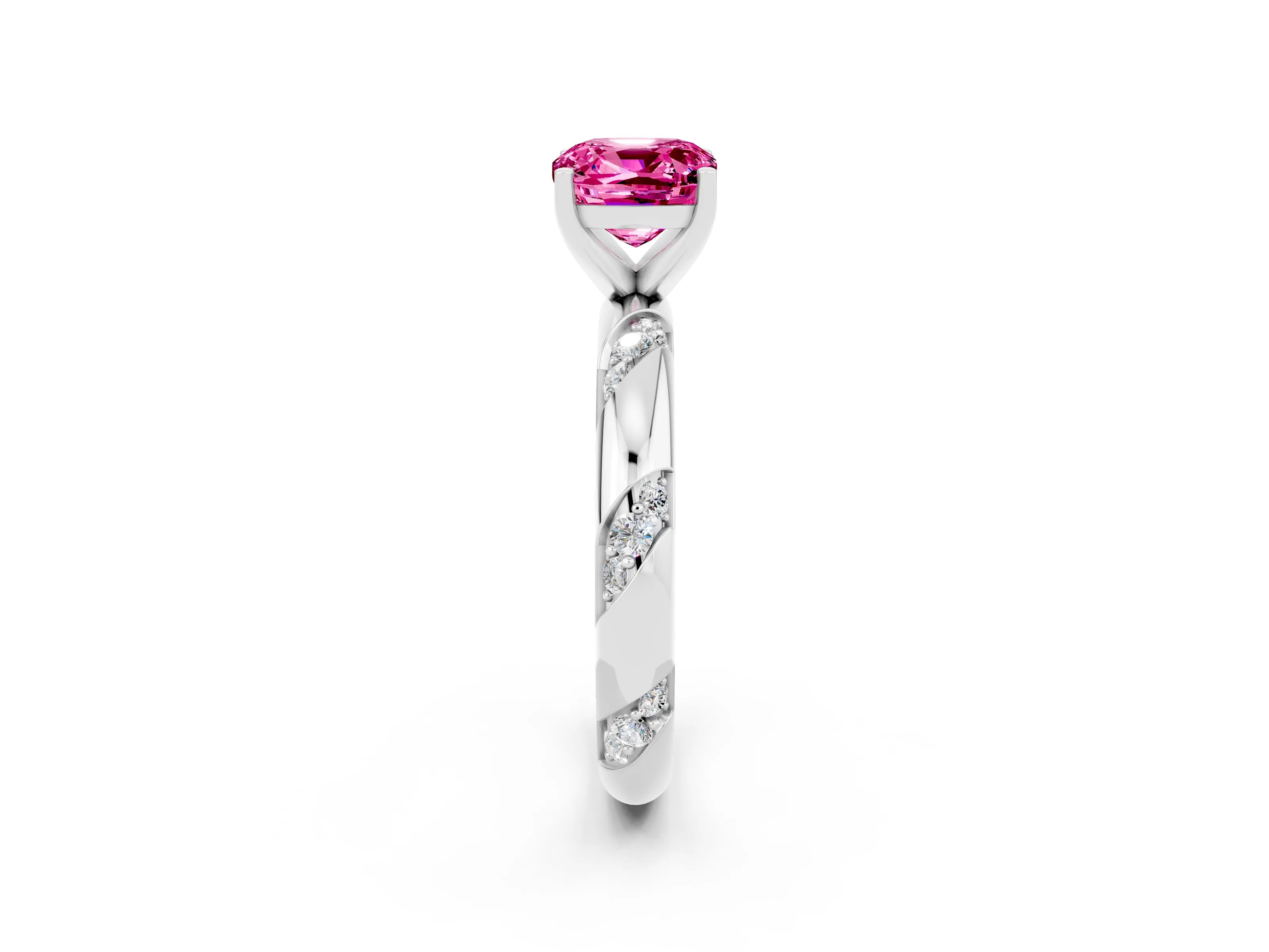 White gold Cushion Cut Solitaire Diamond Engagement Ring with Twisted Pave Band and Four-Prong Setting_2