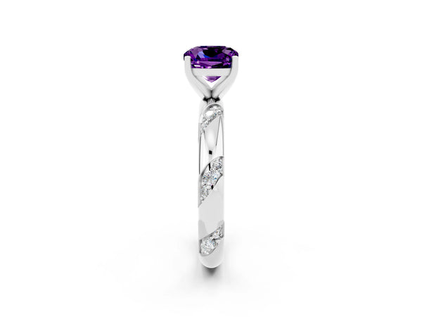 Platinum Cushion Cut Amethyst Solitaire Engagement Ring with Twisted Round  Accent Band and Prong Setting