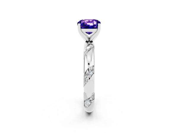 Platinum Cushion Cut Tanzanite Solitaire Engagement Ring with Twisted Round  Accent Band and Prong Setting