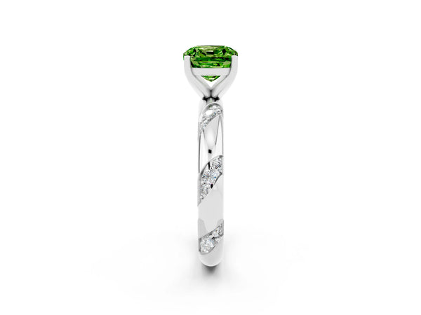Silver Cushion Cut Solitaire Diamond Engagement Ring with Twisted Pave Band and Four-Prong Setting