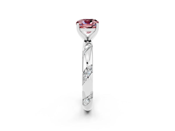 White gold Cushion Cut Solitaire Diamond Engagement Ring with Twisted Pave Band and Four-Prong Setting