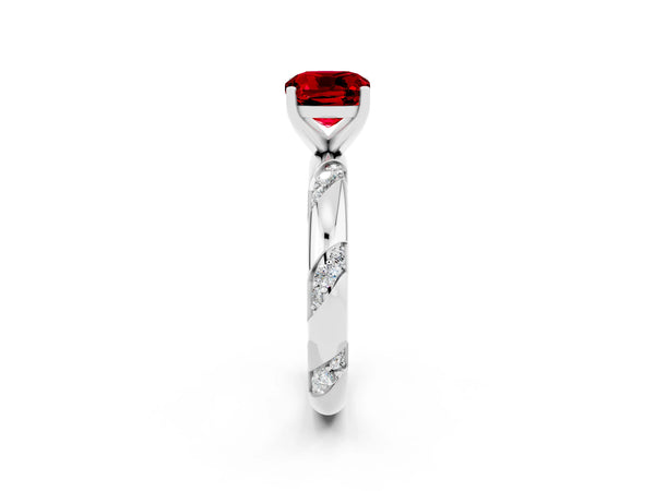 Silver Cushion Cut Ruby Solitaire Engagement Ring with Twisted Round  Accent Band and Prong Setting