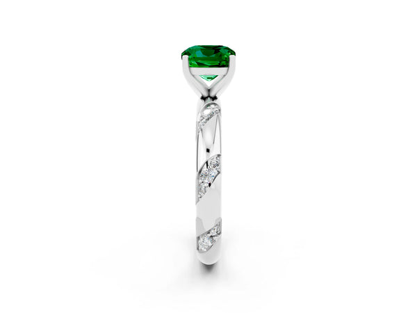 Silver Cushion Cut Emerald Solitaire Engagement Ring with Twisted Round  Accent Band and Prong Setting