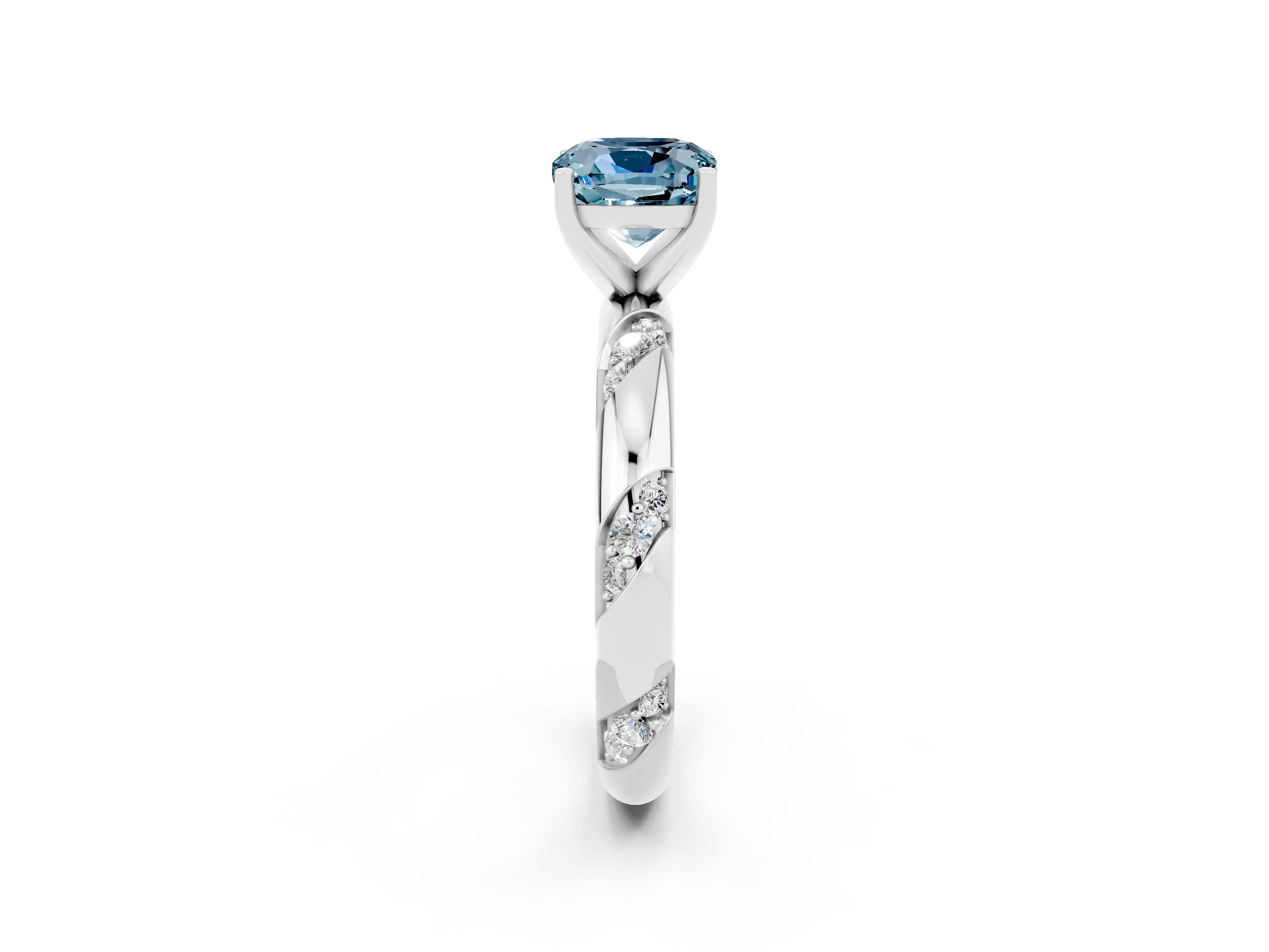 White gold Cushion Cut Solitaire Diamond Engagement Ring with Twisted Pave Band and Four-Prong Setting_2