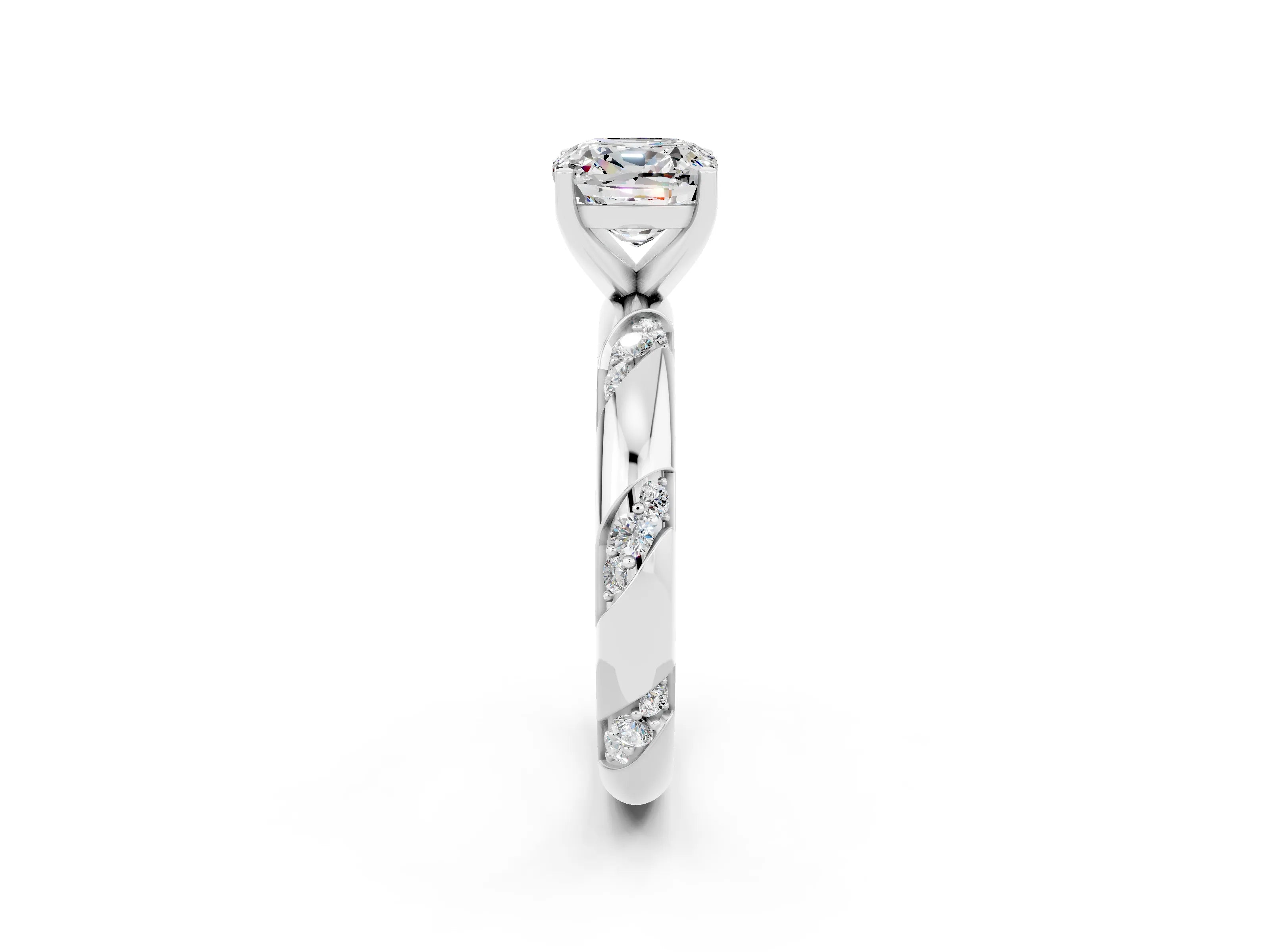 White gold Cushion Cut Solitaire Diamond Engagement Ring with Twisted Pave Band and Four-Prong Setting_2