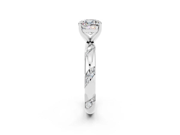 White gold Cushion Cut Moissanite Solitaire Engagement Ring with Twisted Round  Accent Band and Prong Setting