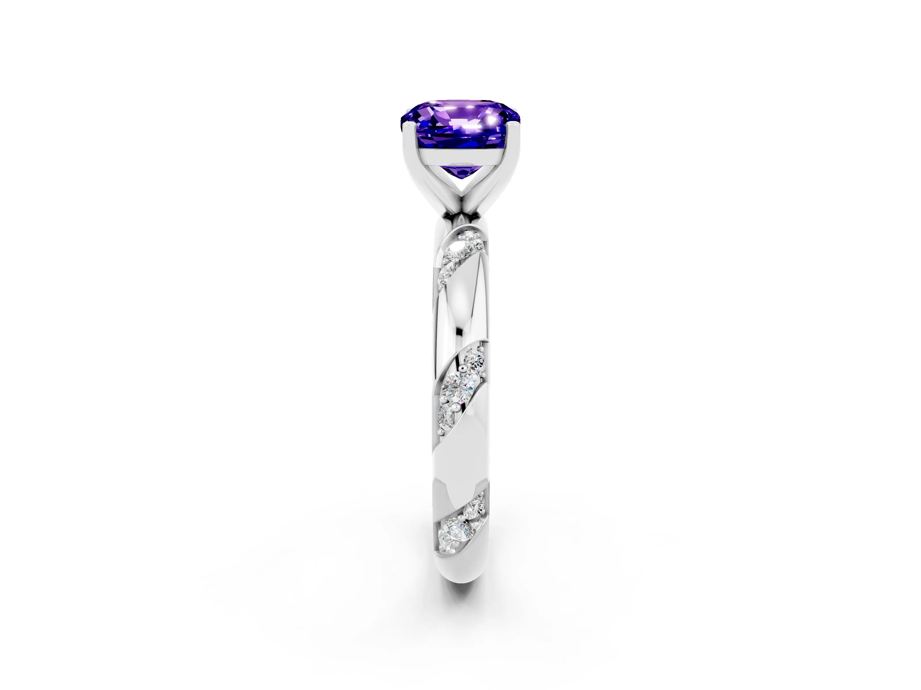 White gold Cushion Cut Solitaire Diamond Engagement Ring with Twisted Pave Band and Four-Prong Setting_2