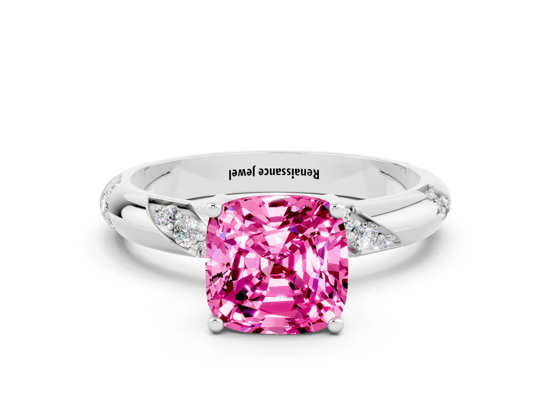 White gold Cushion Cut Solitaire Diamond Engagement Ring with Twisted Pave Band and Four-Prong Setting