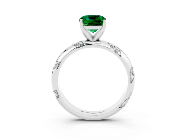 Platinum Cushion Cut Emerald Solitaire Engagement Ring with Twisted Round  Accent Band and Prong Setting