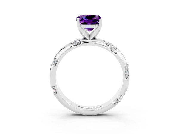 Silver Cushion Cut Amethyst Solitaire Engagement Ring with Twisted Round  Accent Band and Prong Setting