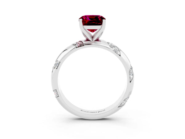 Platinum Cushion Cut Garnet Solitaire Engagement Ring with Twisted Round  Accent Band and Prong Setting