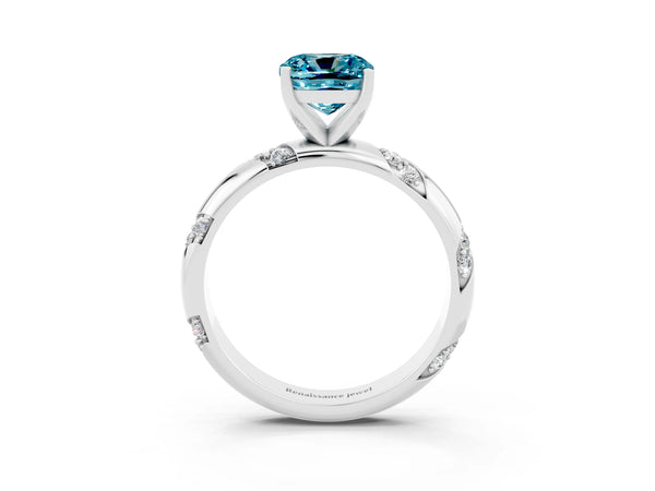 White gold Cushion Cut Solitaire Diamond Engagement Ring with Twisted Pave Band and Four-Prong Setting