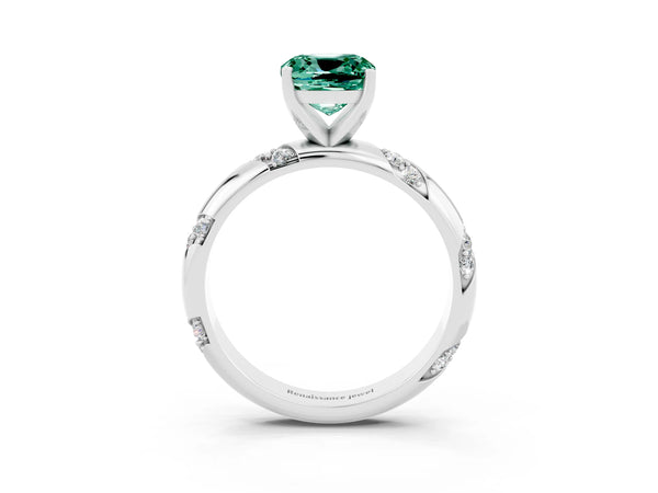 White gold Cushion Cut Green Sapphire Solitaire Engagement Ring with Twisted Round  Accent Band and Prong Setting