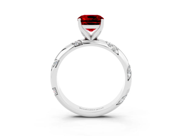 White gold Cushion Cut Ruby Solitaire Engagement Ring with Twisted Round  Accent Band and Prong Setting