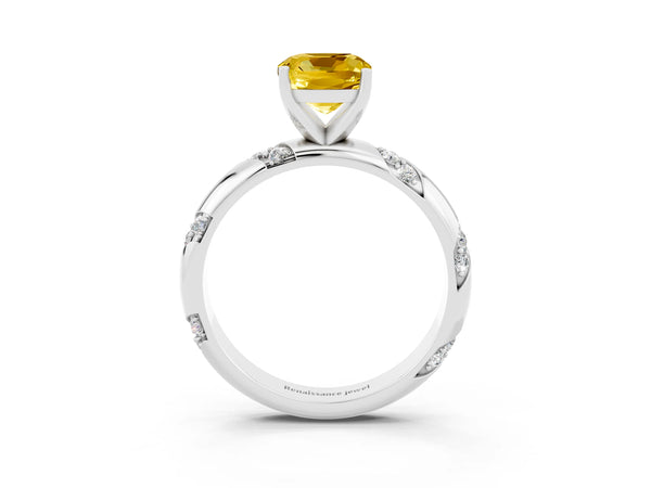 White gold Cushion Cut Yellow Sapphire Solitaire Engagement Ring with Twisted Round  Accent Band and Prong Setting