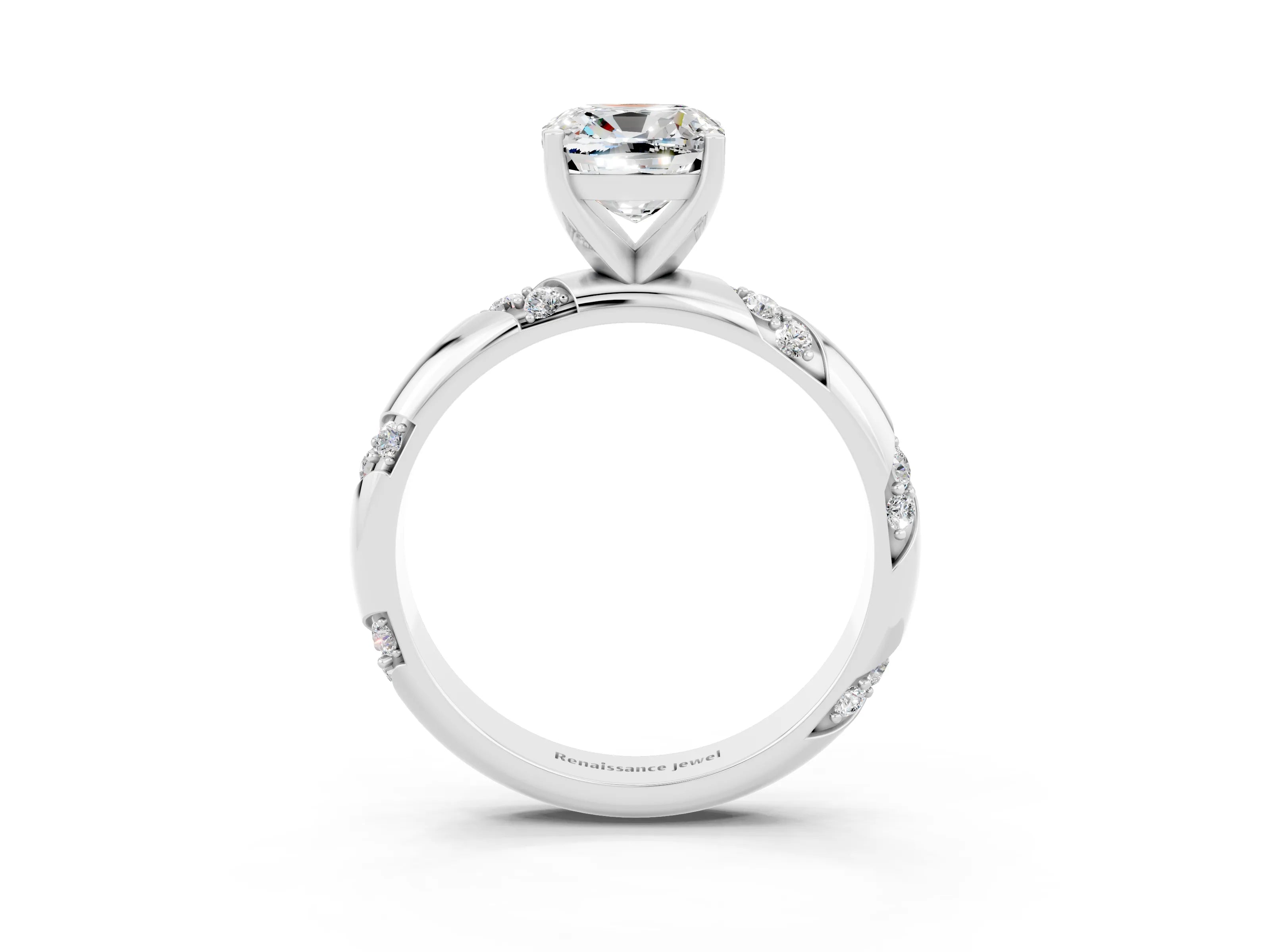 White gold Cushion Cut Solitaire Diamond Engagement Ring with Twisted Pave Band and Four-Prong Setting_3
