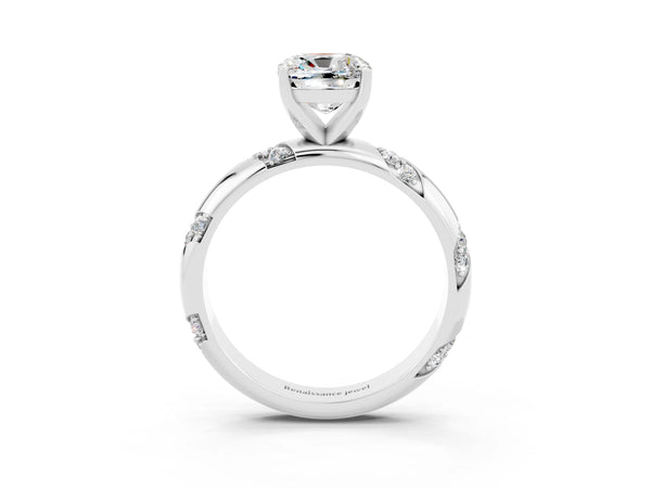 White gold Cushion Cut Moissanite Solitaire Engagement Ring with Twisted Round  Accent Band and Prong Setting