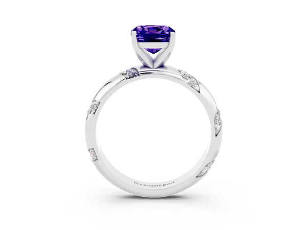 Platinum Cushion Cut Tanzanite Solitaire Engagement Ring with Twisted Round  Accent Band and Prong Setting