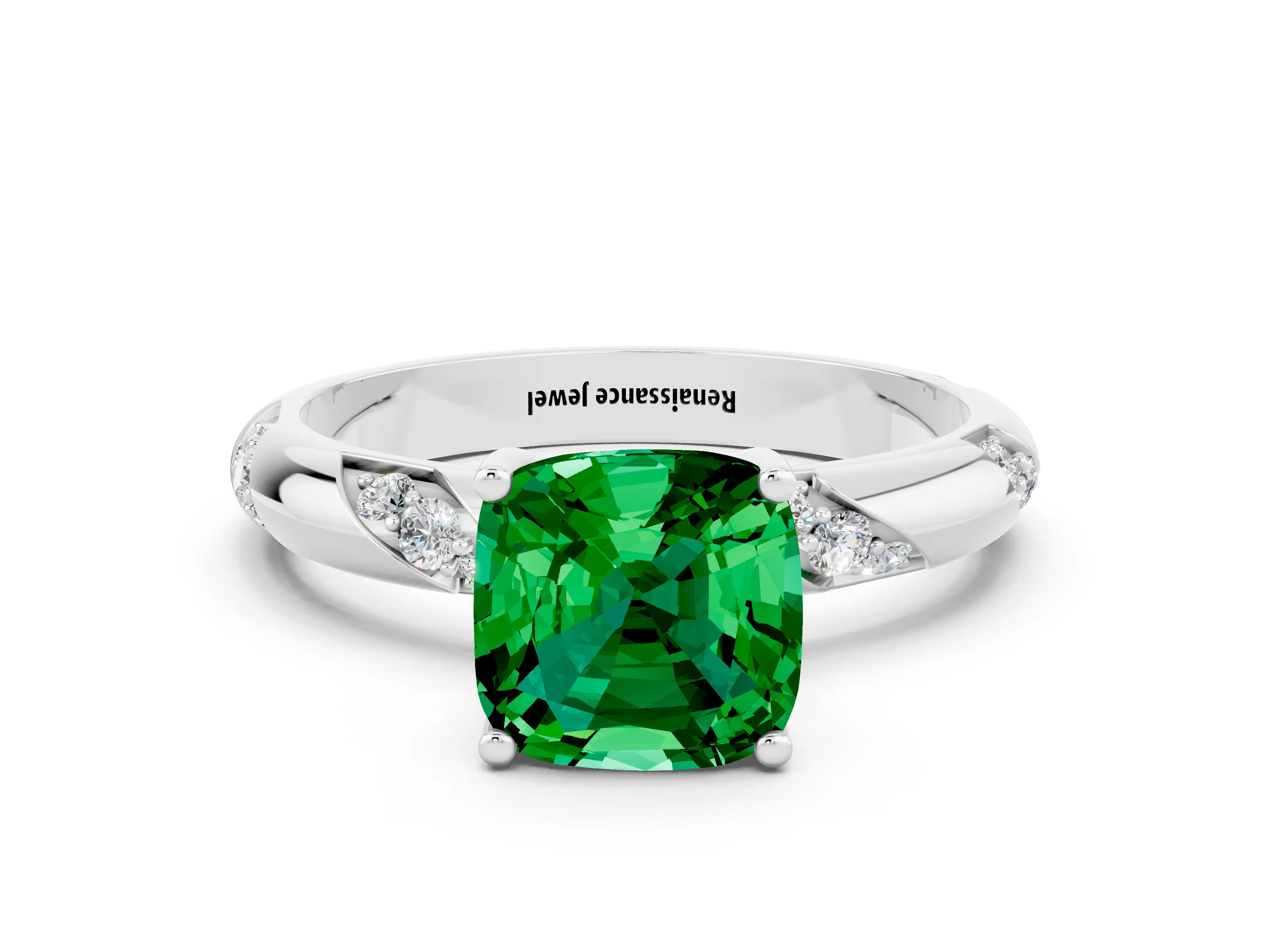 White gold Cushion Cut Solitaire Diamond Engagement Ring with Twisted Pave Band and Four-Prong Setting