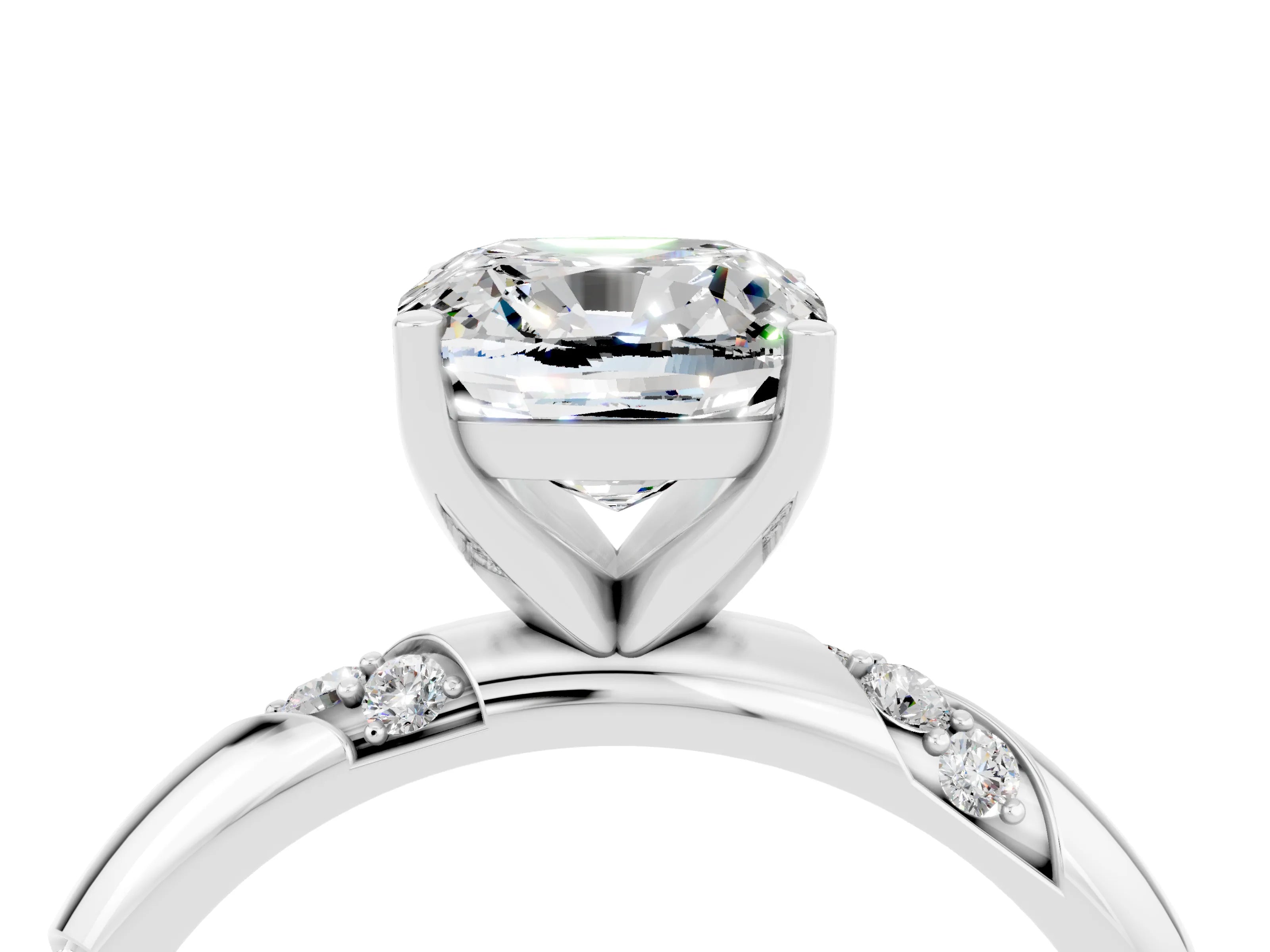 White gold Cushion Cut Solitaire Diamond Engagement Ring with Twisted Pave Band and Four-Prong Setting_4