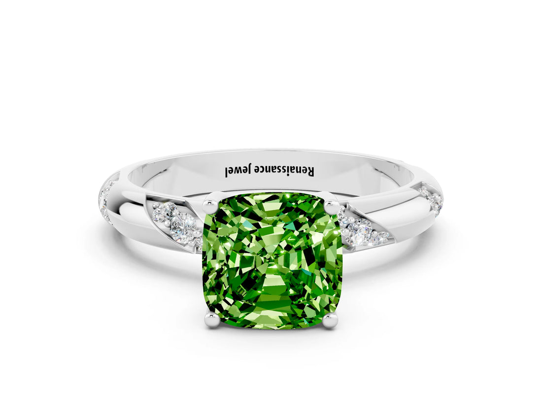 White gold Cushion Cut Solitaire Diamond Engagement Ring with Twisted Pave Band and Four-Prong Setting