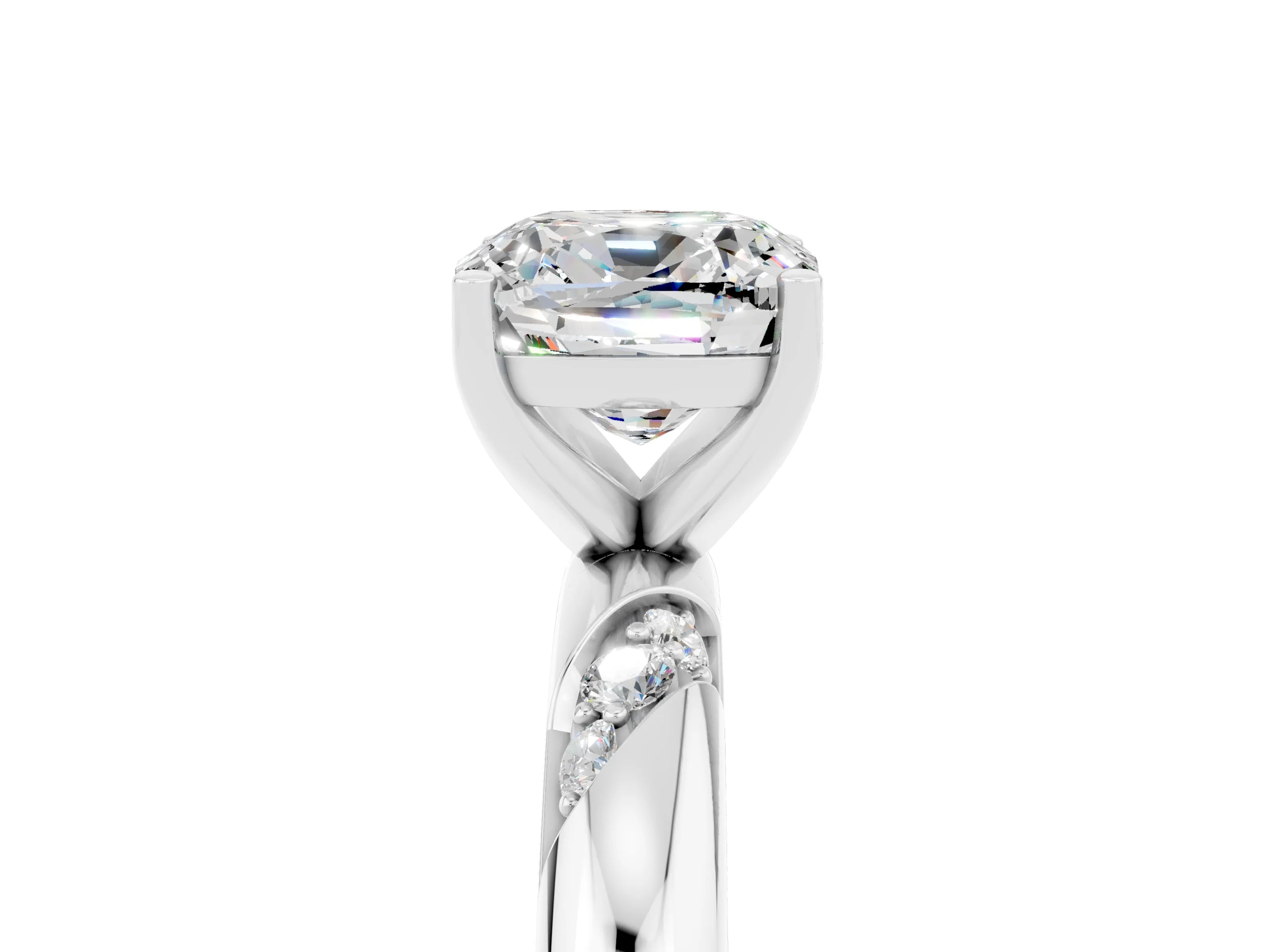 White gold Cushion Cut Solitaire Diamond Engagement Ring with Twisted Pave Band and Four-Prong Setting_5