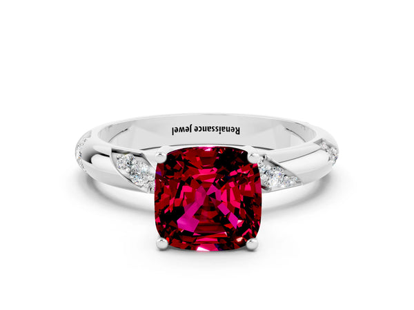 Platinum Cushion Cut Garnet Solitaire Engagement Ring with Twisted Round  Accent Band and Prong Setting
