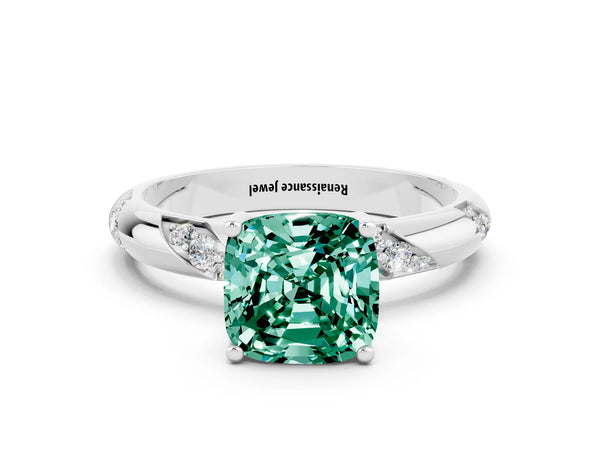 White gold Cushion Cut Green Sapphire Solitaire Engagement Ring with Twisted Round  Accent Band and Prong Setting
