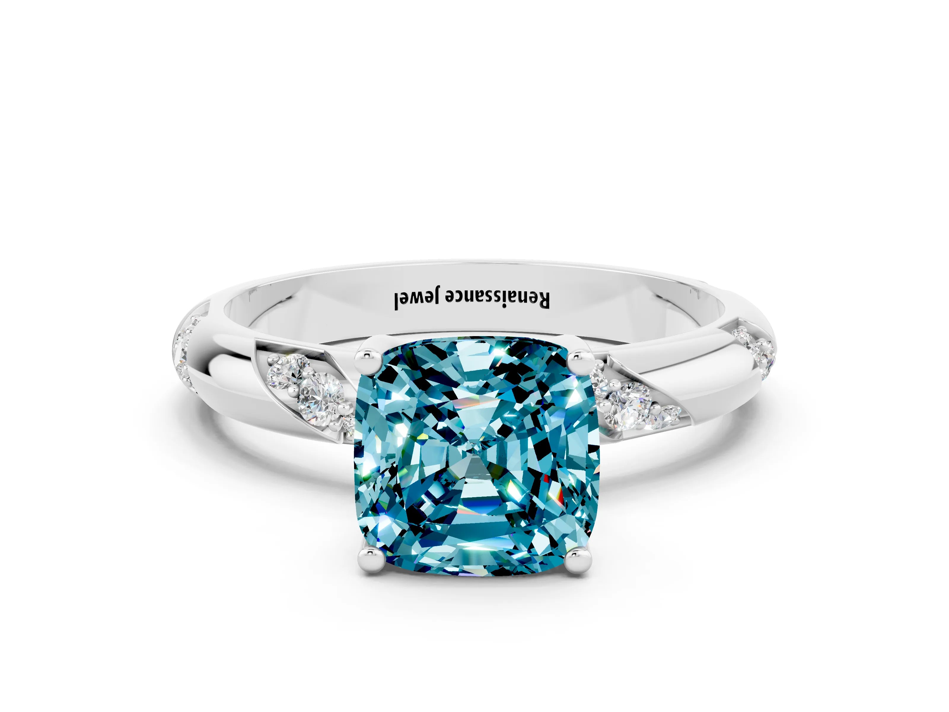 White gold Cushion Cut Solitaire Diamond Engagement Ring with Twisted Pave Band and Four-Prong Setting