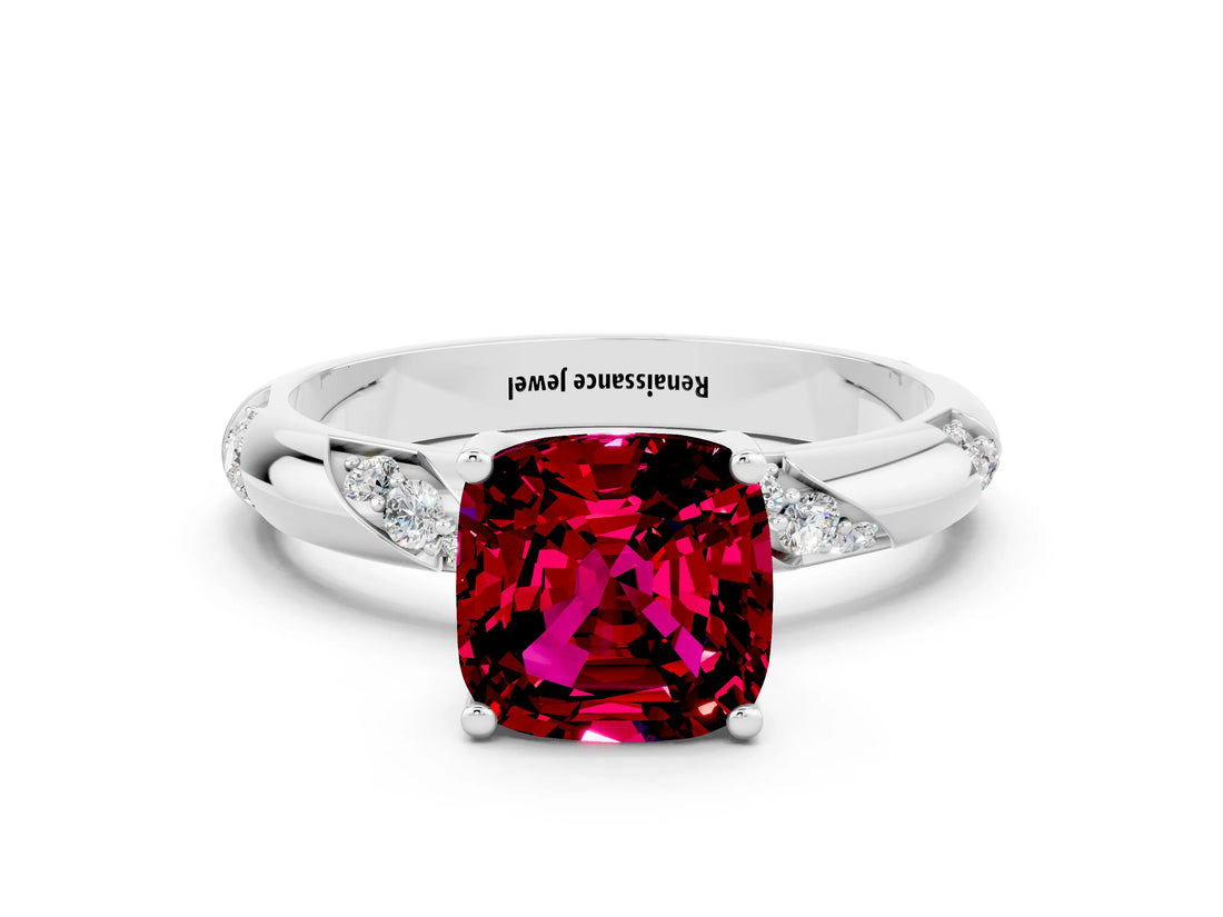 White gold Cushion Cut Solitaire Diamond Engagement Ring with Twisted Pave Band and Four-Prong Setting