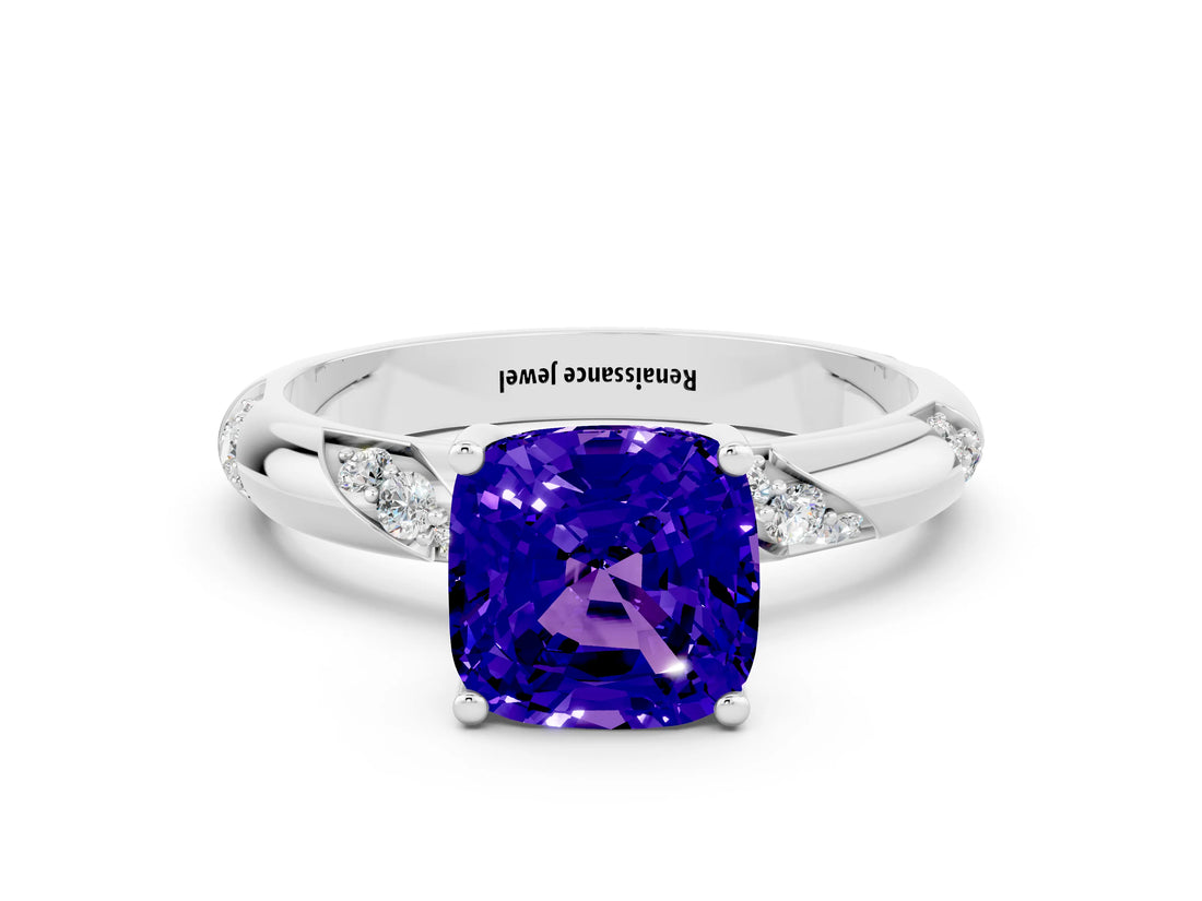 White gold Cushion Cut Solitaire Diamond Engagement Ring with Twisted Pave Band and Four-Prong Setting