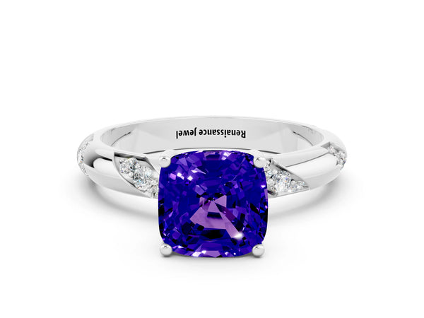 Platinum Cushion Cut Tanzanite Solitaire Engagement Ring with Twisted Round  Accent Band and Prong Setting