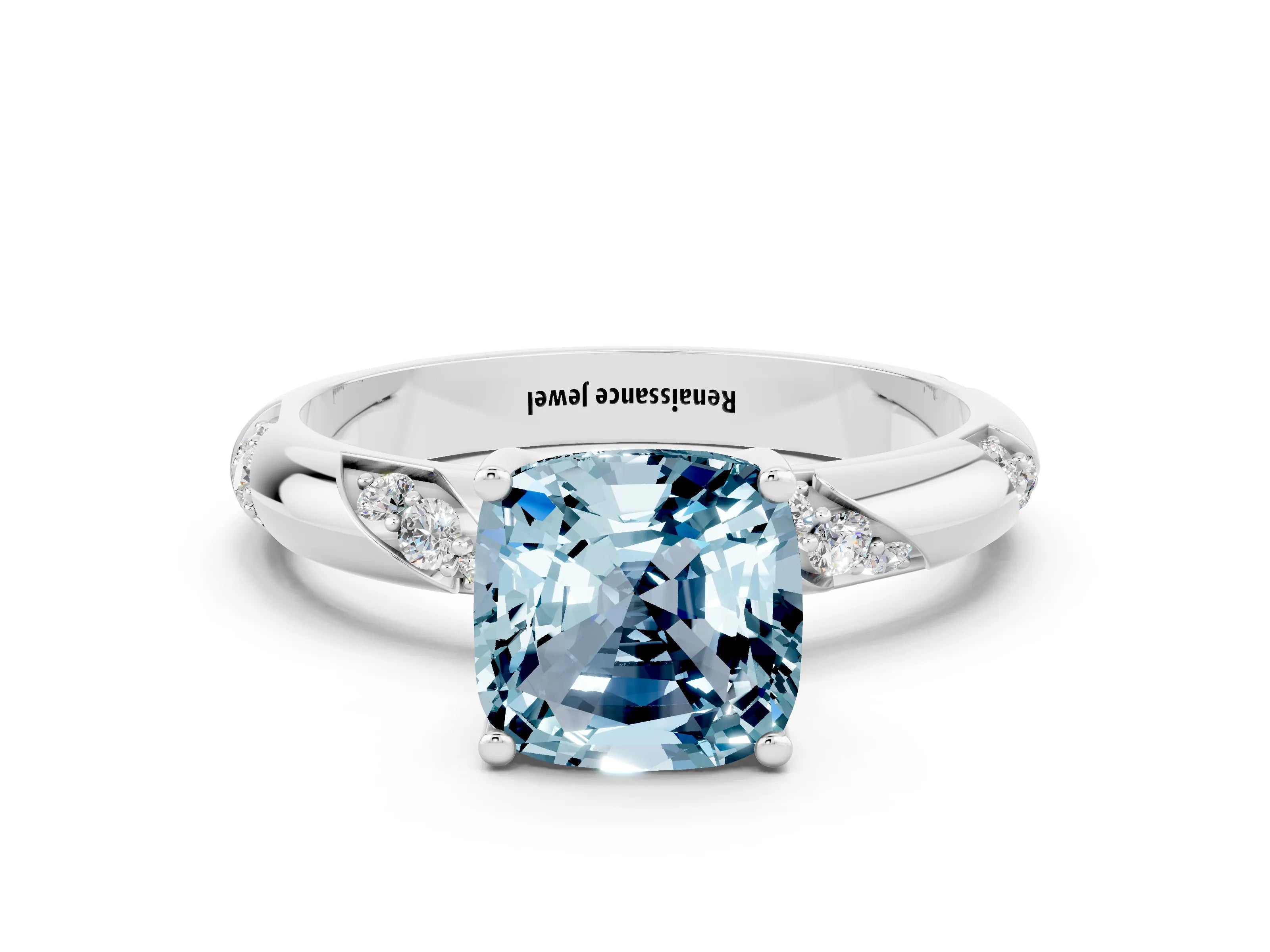 White gold Cushion Cut Solitaire Diamond Engagement Ring with Twisted Pave Band and Four-Prong Setting