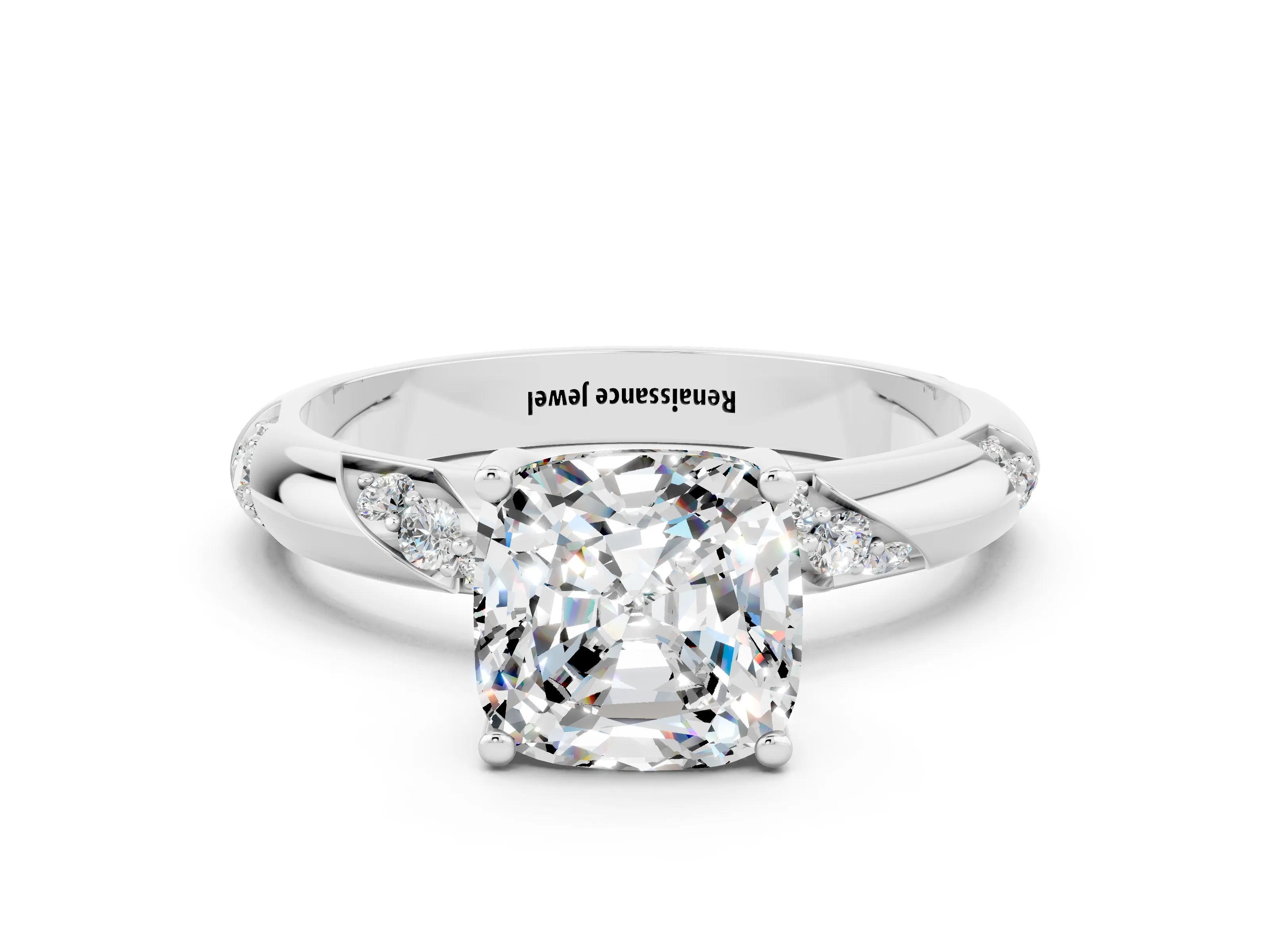 White gold Cushion Cut Solitaire Diamond Engagement Ring with Twisted Pave Band and Four-Prong Setting
