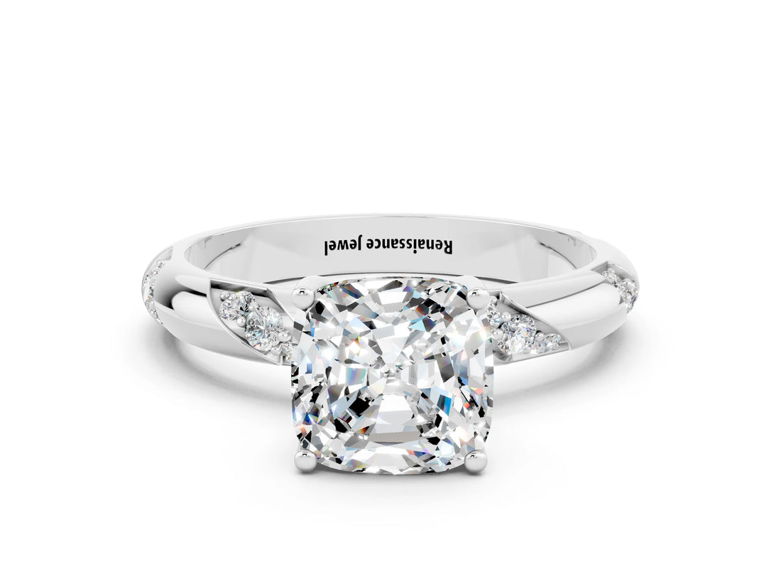 White gold Cushion Cut Solitaire Diamond Engagement Ring with Twisted Pave Band and Four-Prong Setting