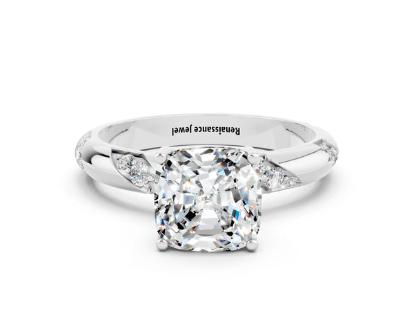 White gold Cushion Cut Moissanite Solitaire Engagement Ring with Twisted Round  Accent Band and Prong Setting
