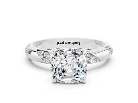 White gold Cushion Cut Solitaire Diamond Engagement Ring with Twisted Pave Band and Four-Prong Setting