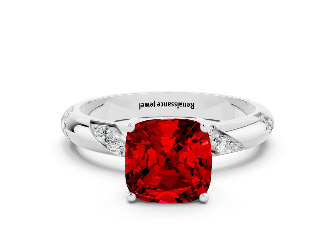White gold Cushion Cut Solitaire Diamond Engagement Ring with Twisted Pave Band and Four-Prong Setting