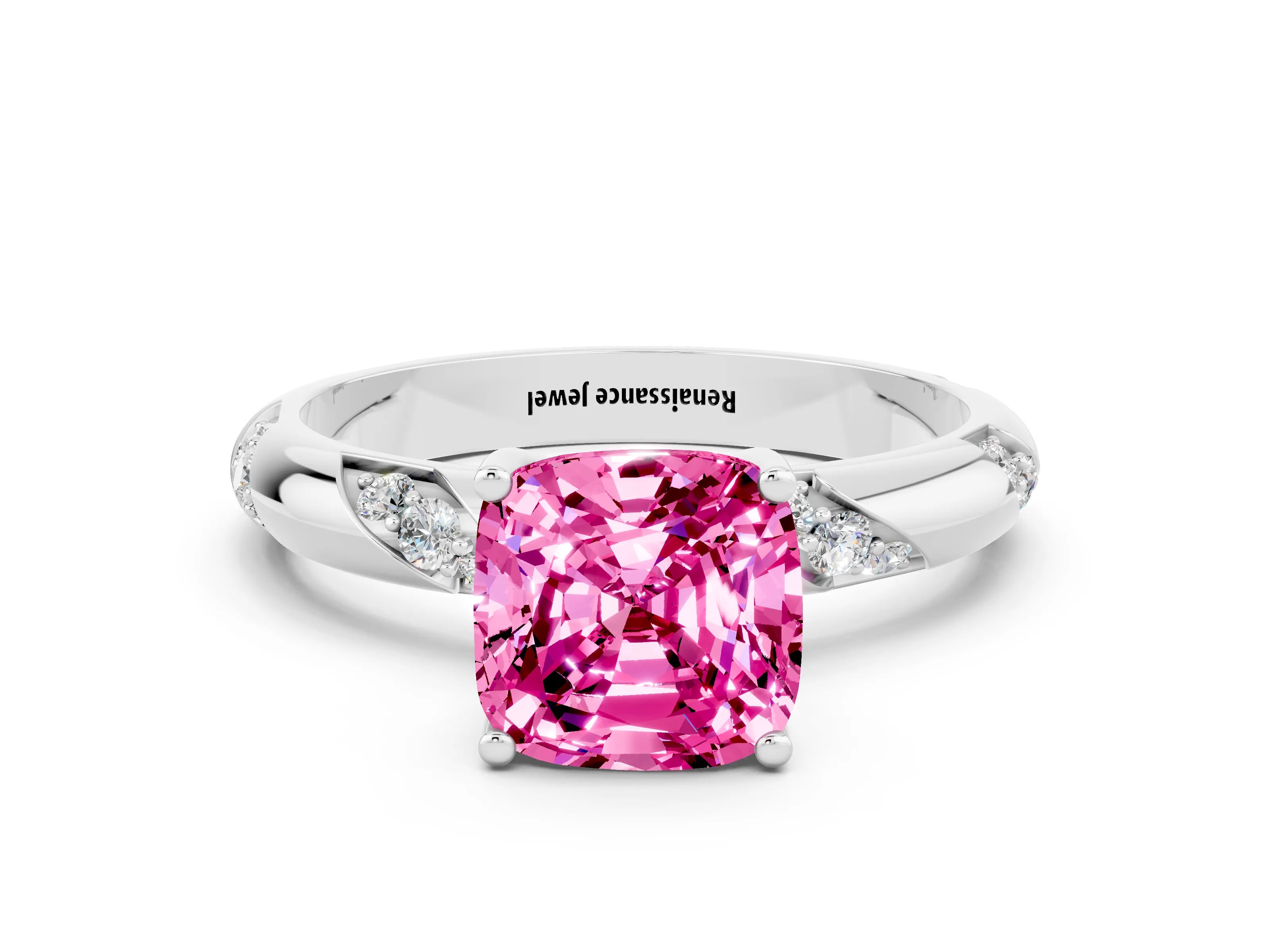 White gold Cushion Cut Solitaire Diamond Engagement Ring with Twisted Pave Band and Four-Prong Setting
