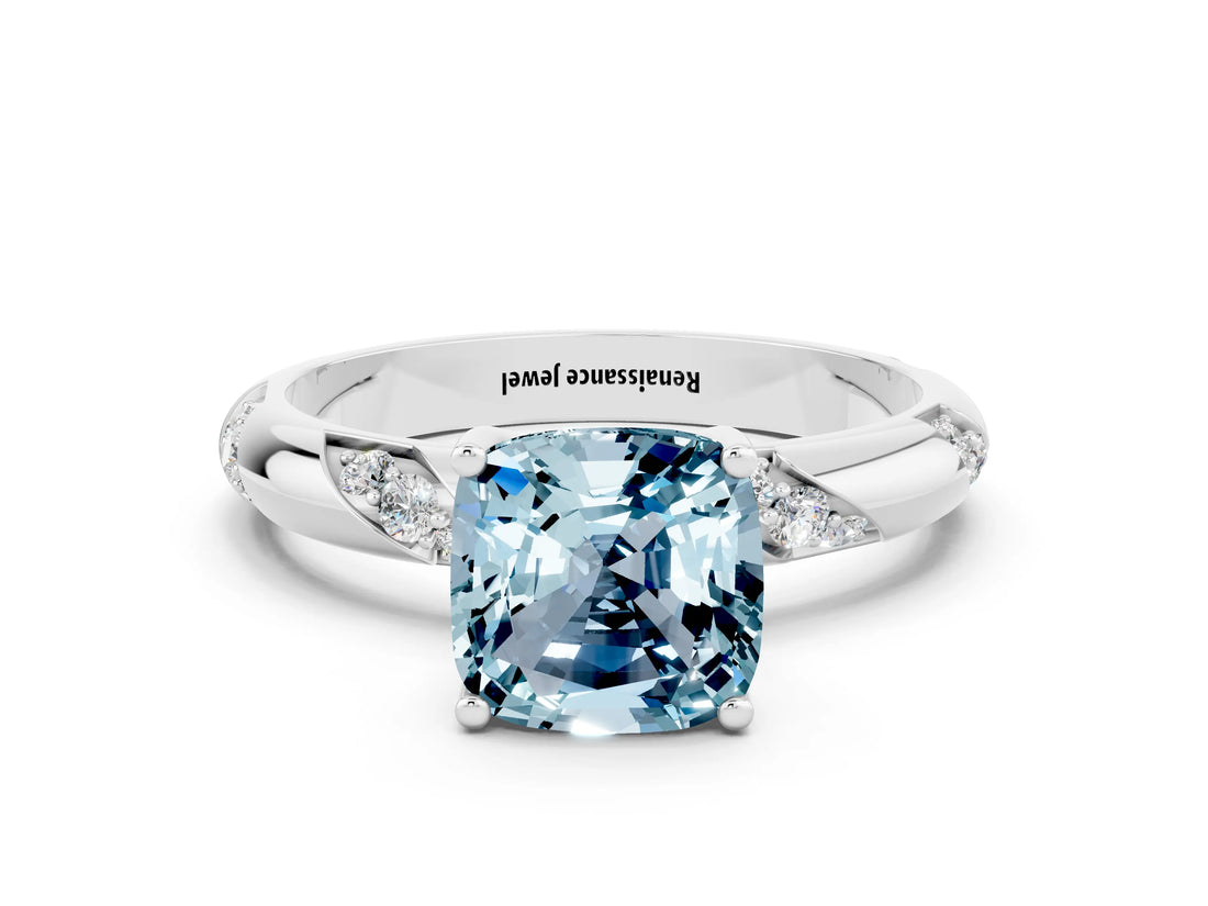 White gold Cushion Cut Solitaire Diamond Engagement Ring with Twisted Pave Band and Four-Prong Setting