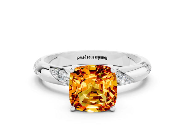 Platinum Cushion Cut Citrine Solitaire Engagement Ring with Twisted Round  Accent Band and Prong Setting