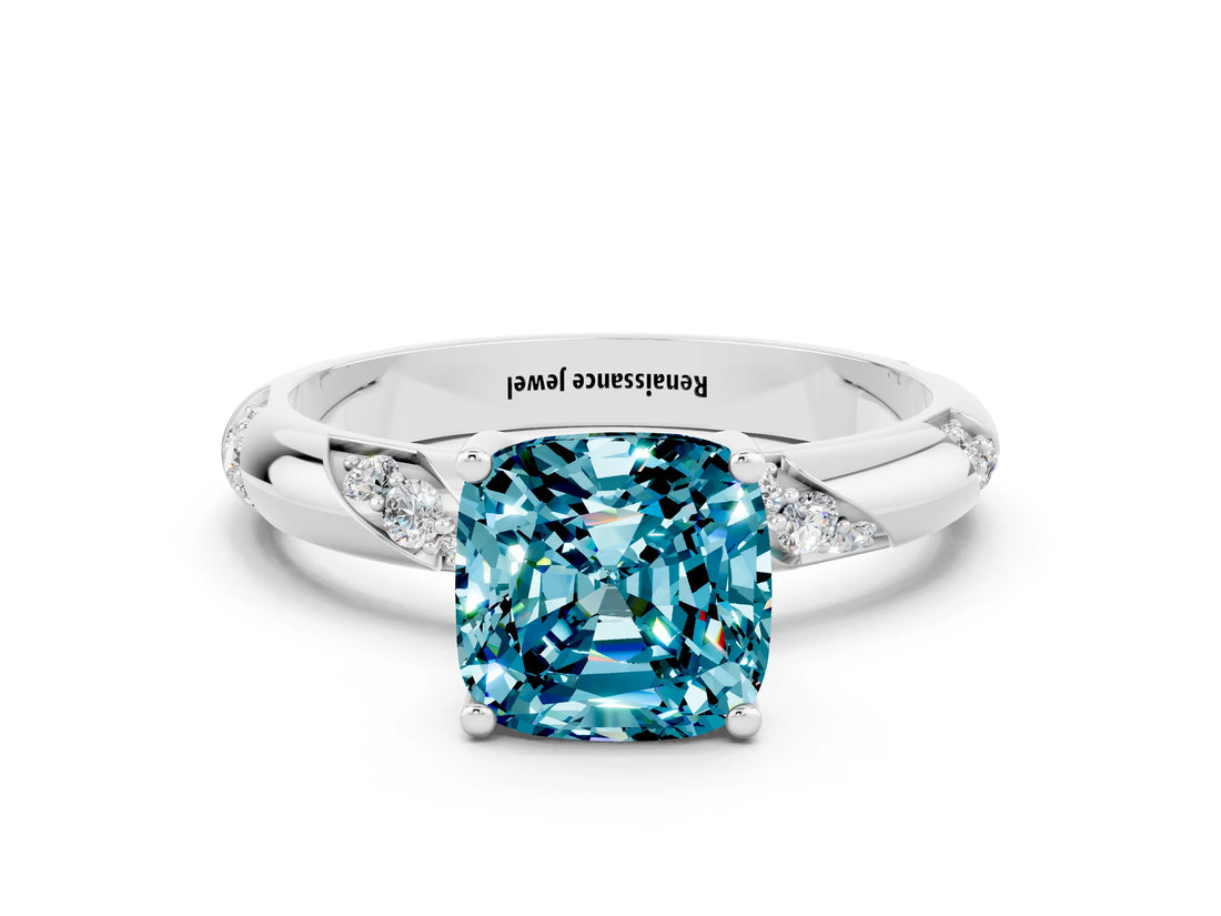 White gold Cushion Cut Solitaire Diamond Engagement Ring with Twisted Pave Band and Four-Prong Setting